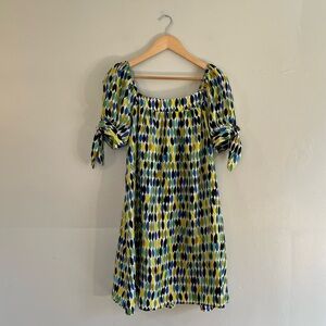 Nanette Lepore Silk Leaf Pattern Dress in Blue, Green, and Yellow Y2K Artsy